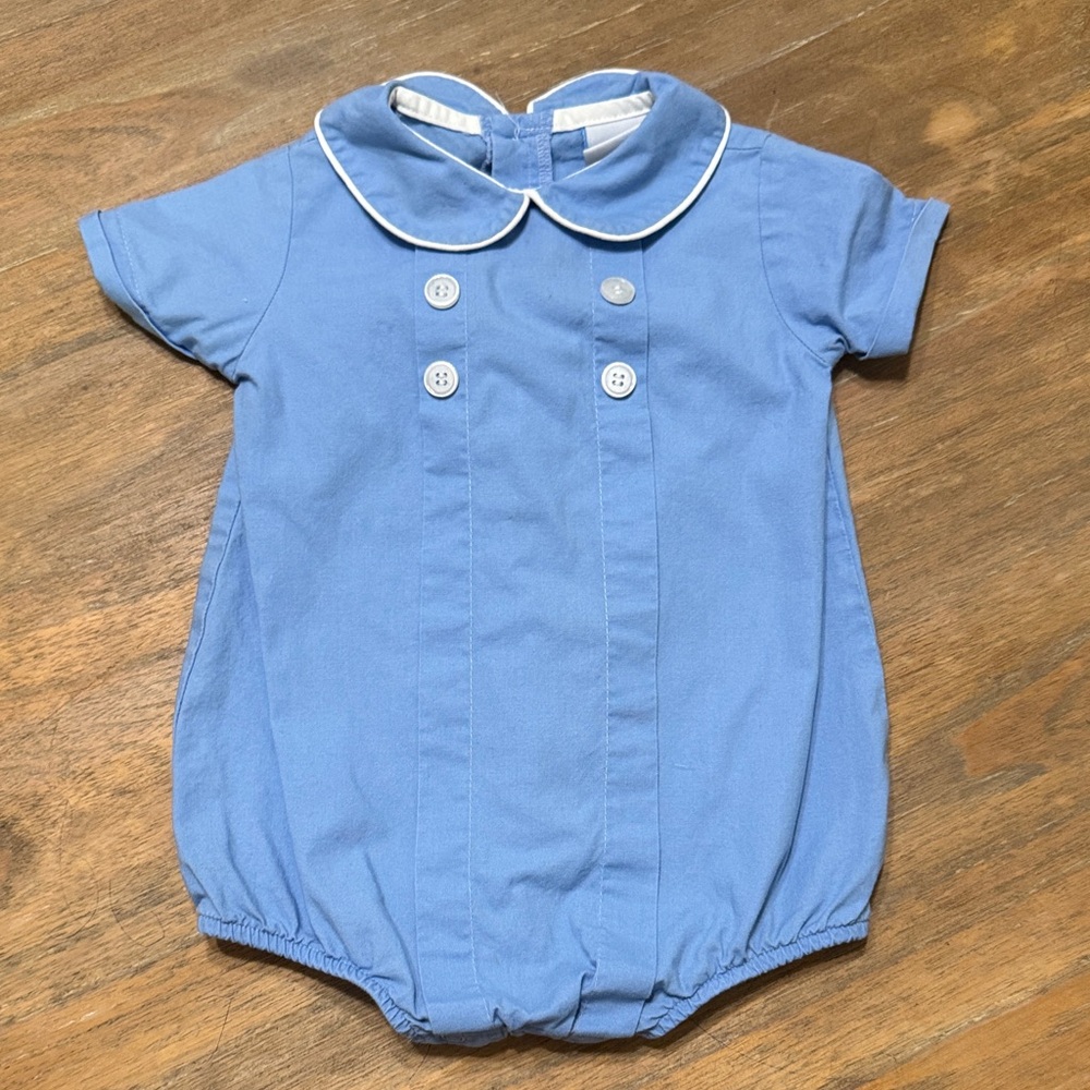 The Bailey Boys Blue Baby Romper with White Trim